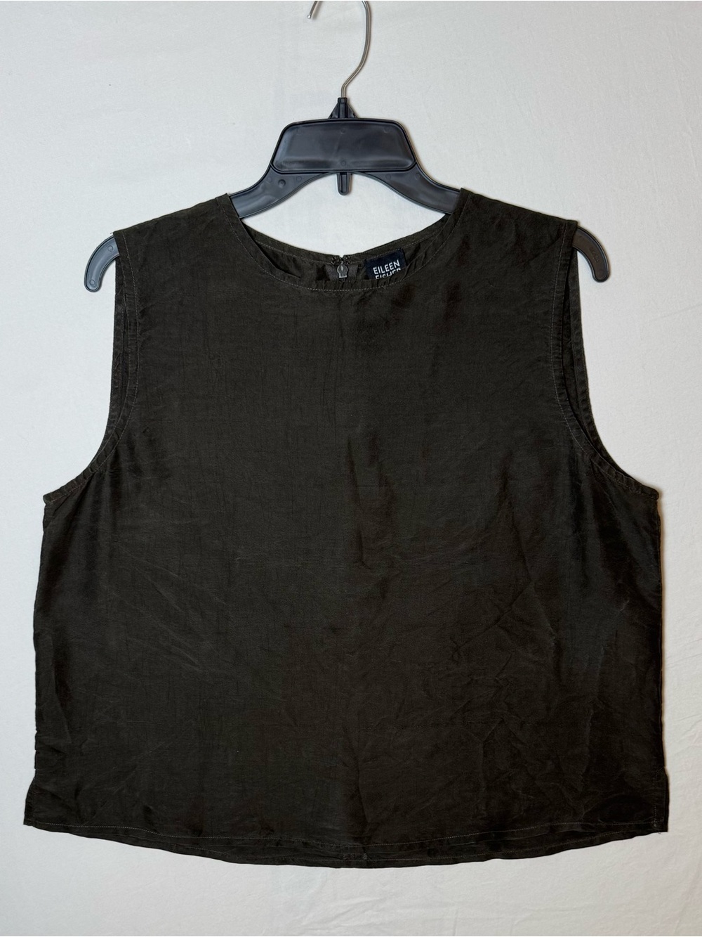 Eileen Fisher Dark Brown Sleeveless Crewneck Top Zipper Closure 100% Silk Large